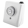 Angled view of 230v 200n white wall mounted door retainer Doormouse showing the front and side of the device