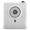 Front view of 230v 200n white wall mounted door retainer doormouse showing central circular metal part on white base