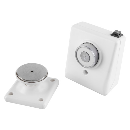230v 200n white wall mounted door retainer doormouse showing all parts of the kit on a white background