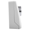 Side view of a white 230v 200n wall mounted door retainer doormouse showing its profile and metal component