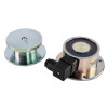 Top view of marine ip65 magnets showing two round metal components with smooth finishes and one with a black attachment