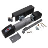 geofire agrippa acoustic free swing door closer black with mounting bracket screws batteries and installation parts laid out on a white background