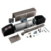 Gfagrclbss Agrippa Door Closer Brushed Stainless Steel contents laid out including main unit, cover plate, screws and batteries