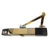 Angled view of geofire agrippa acoustic free swing door closer in polished brass with black and red details