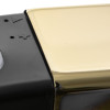 Closeup of geofire agrippa acoustic free swing door closer in polished brass showing metal and black parts