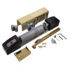 geofire agrippa acoustic free swing door closer polished brass with screws batteries and mounting parts laid out on white background