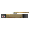 Front view of geofire agrippa acoustic free swing door closer in polished brass with black and silver details