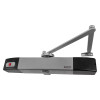 geofire agrippa acoustic free swing door closer silver shown at an angled view against a white background