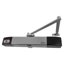 geofire agrippa acoustic free swing door closer silver shown at an angled view against a white background