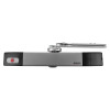 Front view of geofire agrippa acoustic free swing door closer in silver showing the main arm and body