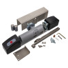 geofire agrippa acoustic free swing door closer stainless steel with mounting brackets batteries screws and fittings laid out on white background