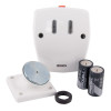 geofire agrippa acoustic fire door holder white shown with white main unit, metal plate, two batteries and a rubber ring