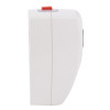 Side view of a white geofire agrippa acoustic fire door holder showing its curved edge and red button on top