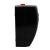 Side view of the geofire agrippa acoustic fire door holder in black showing its curved shape and red button on top