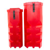 Front view of two red glboxpd9 gloria extinguisher vehicle boxes with black locking clasps on top