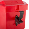 Close up of the latch on the red gloria extinguisher vehicle box