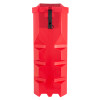 Side view of a red gloria extinguisher vehicle box with a black latch on top