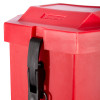 Top close up of red gloria extinguisher vehicle box showing latch and corner details
