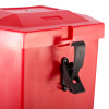 Close-up of the latch on the gloria extinguisher vehicle box in red plastic