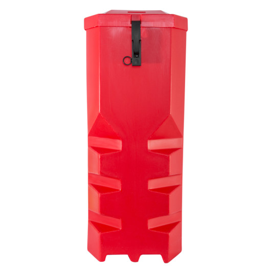Side view of red gloria extinguisher vehicle box with lid and black latch