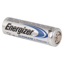 Energizer Ultimate Lithium AA battery shown at an angle with clear branding and text visible
