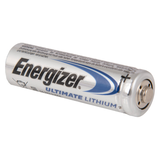 Energizer Ultimate Lithium AA battery shown at an angle with clear branding and text visible