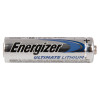 Side view of an energizer ultimate lithium aa battery showing the label and positive terminal