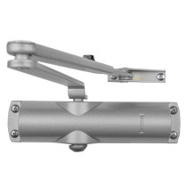 geze ts1000c overhead door closer in silver colour shown from the front with visible arm and mounting screws
