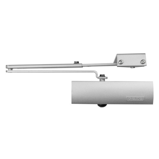 Silver arm component of geze ts1500 overhead door closer parallel shown from side angle