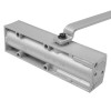 Silver body back of geze ts1500 overhead door closer showing mounting holes and arm attachment point