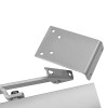 Close up of silver bracket from geze ts1500 overhead door closer showing mounting holes and part of the arm mechanism