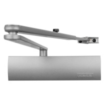 silver geze ts2000v overhead door closer shown from the front with visible arm and body