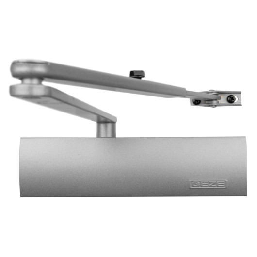 silver geze ts2000v overhead door closer shown from the front with visible arm and body