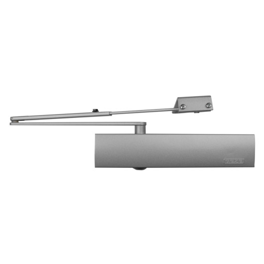 Silver arm of a geze ts4000 overhead door closer shown isolated on a white background