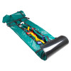 Angled view of a bariatric evacmat in green with attached multicoloured straps and a black padded head section