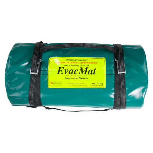 Front view of a rolled up bariatric evacmat with green material and black straps visible