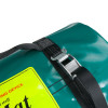 Bariatric evacmat showing a close-up of the outside metal buckle attached to a black strap and green surface