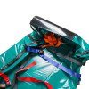 Top view of a bariatric evacmat with coloured straps and black handles on a shiny green surface