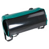 Unrolled bariatric evacmat showing the black inner surface and green edges with attached straps