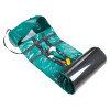 Partially unrolled bariatric evacmat showing teal material and black straps with buckles