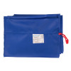 Folded blue bariatric slide sheet with a white label and red loop on a white background