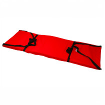 evac e pad with bag shown fully deployed in bright red with black straps on a white background