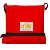 Red evac e pad with bag shown from the front with a white label and black straps