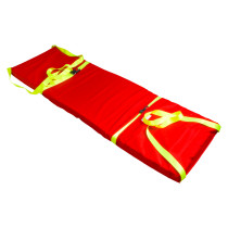 angled view of the hospital aids ski pad and storage bag in red with yellow straps on a white background