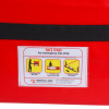 Close-up detail of hospital aids ski pad and storage bag label with instructions and warning text