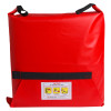 Front view of hospital aids ski pad and storage bag in bright red with label and black handles