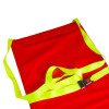Top view of hospital aids ski pad with bright yellow straps and red fabric storage bag