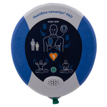 A blue and white defibrillator