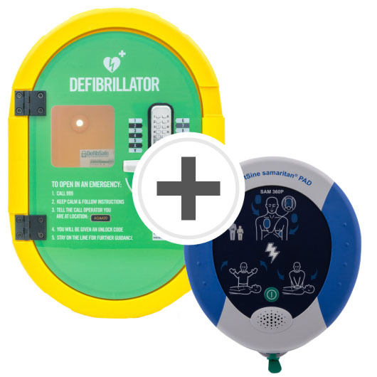 A green and yellow defibrillator cabinet with a white and bluedefibrillator