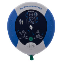 A blue and white defibrillator
